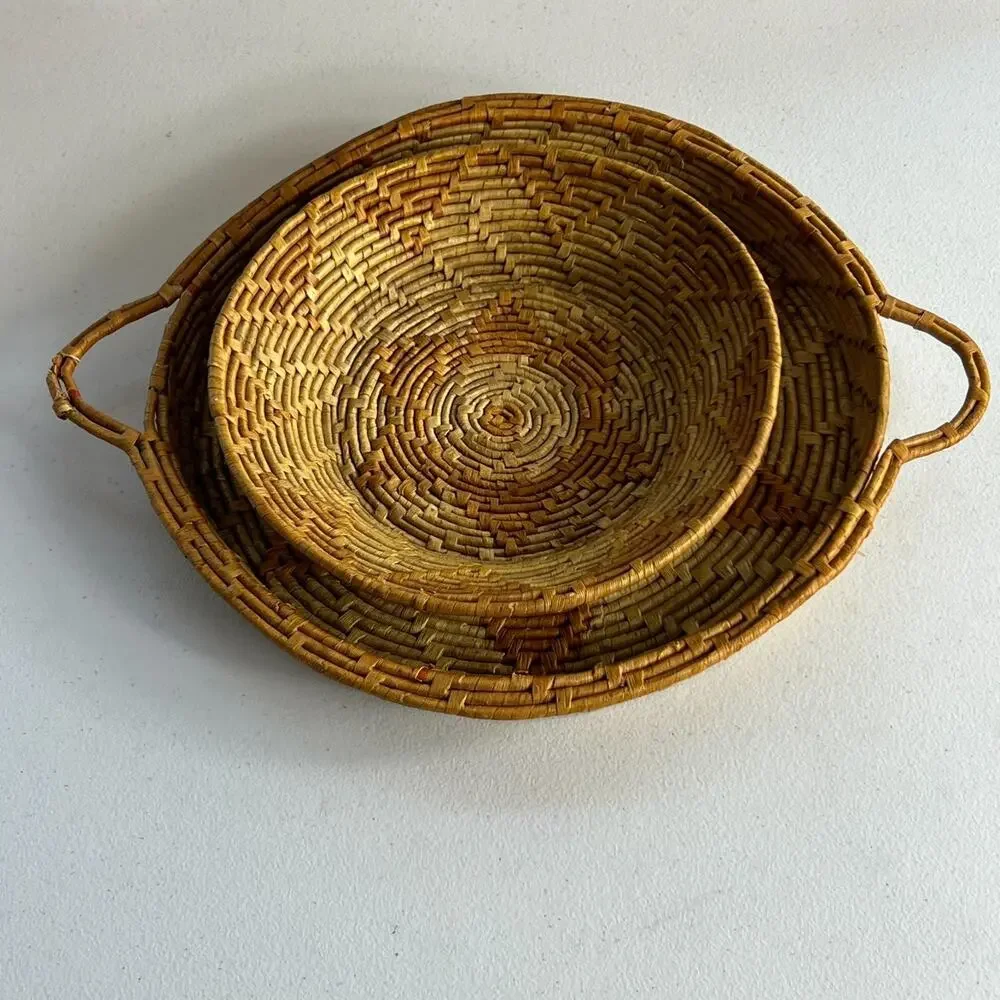 Set of 2 Round Coiled Woven Natural Baskets Double Handles Decor